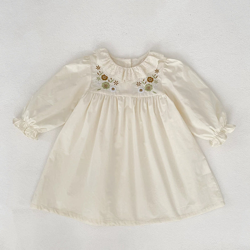 Arrival Autumn Girls Flowers Embroidery Pattern Long Sleeves Dress with Collar-1