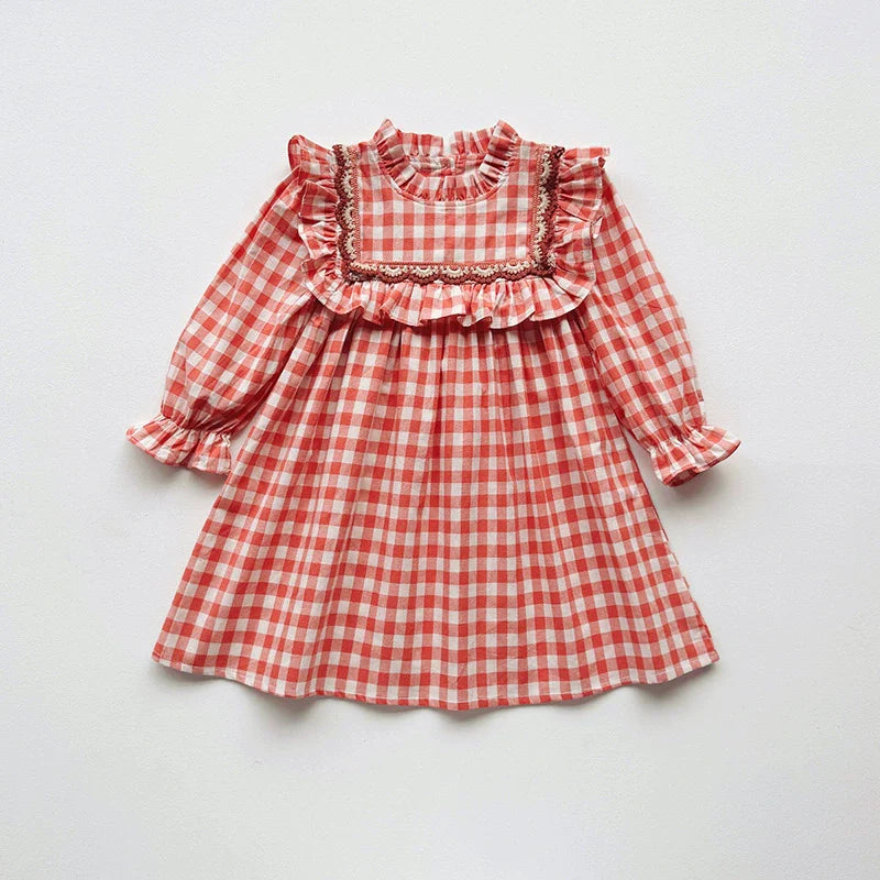 Arrival Autumn Girls Plaid Pattern Long Sleeves Ruffle Neck Dress-2