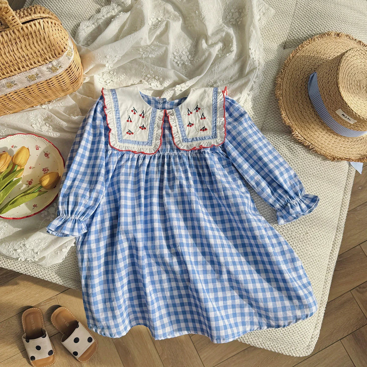 Arrival Autumn Girls Plaid and Cherry Pattern Long Sleeves Dress-3