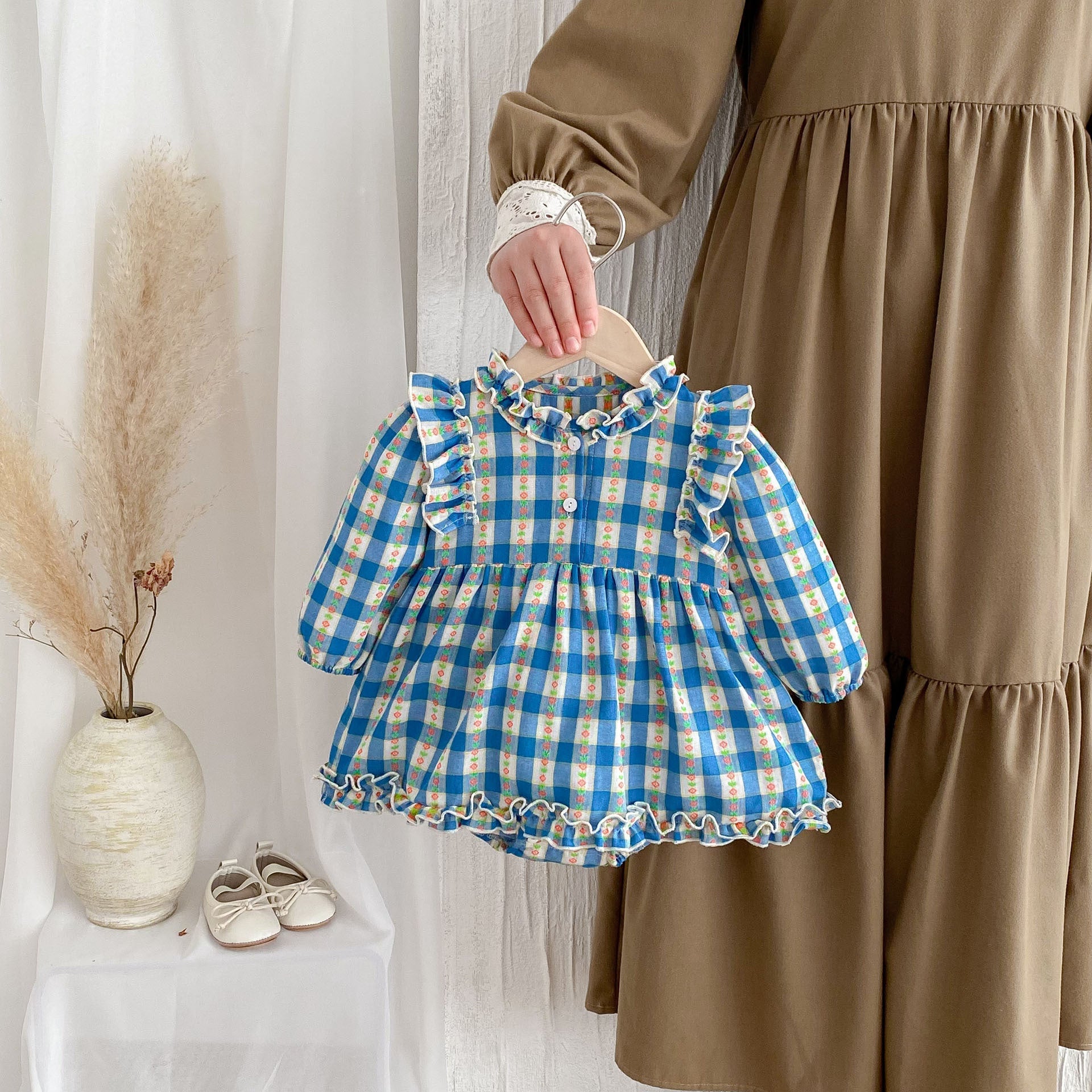 Autumn Arrival Baby Girls Long Sleeves Floral Plaid Ruffle Neck Onesies Dress-0