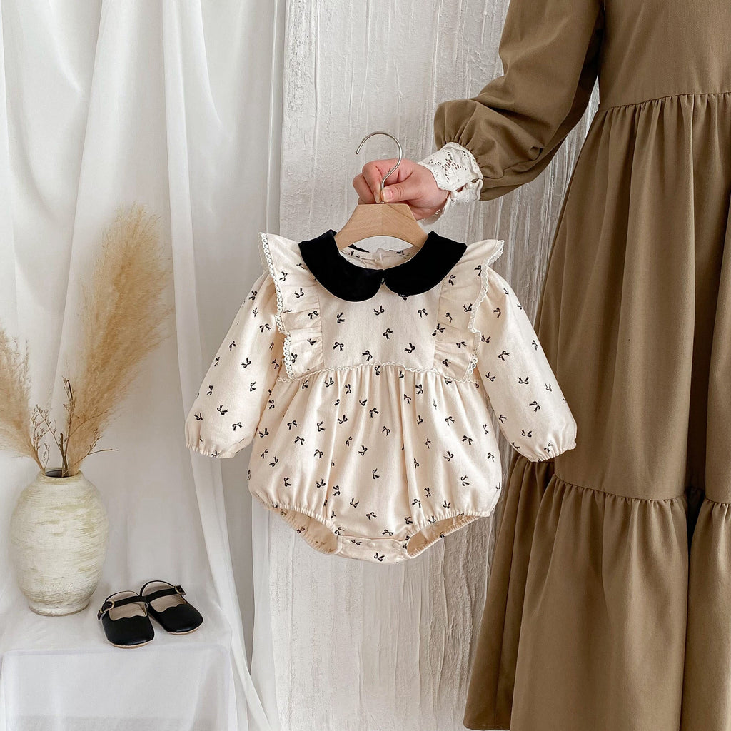 Autumn Arrival Baby Girls Long Sleeves Peter Pan Collar Butterfly Bow Print Onesies-0