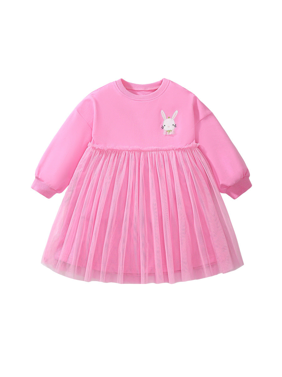 Arrival Autumn Girls Cartoon Rabbit Logo Crew Neck Long Sleeves Pink Tulle Patchwork Princess Dress-0