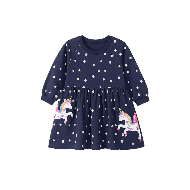 Autumn and Spring Arrival Unicorn Cartoon and Dots Pattern Long Sleeves Dress for Stylish Girls-0