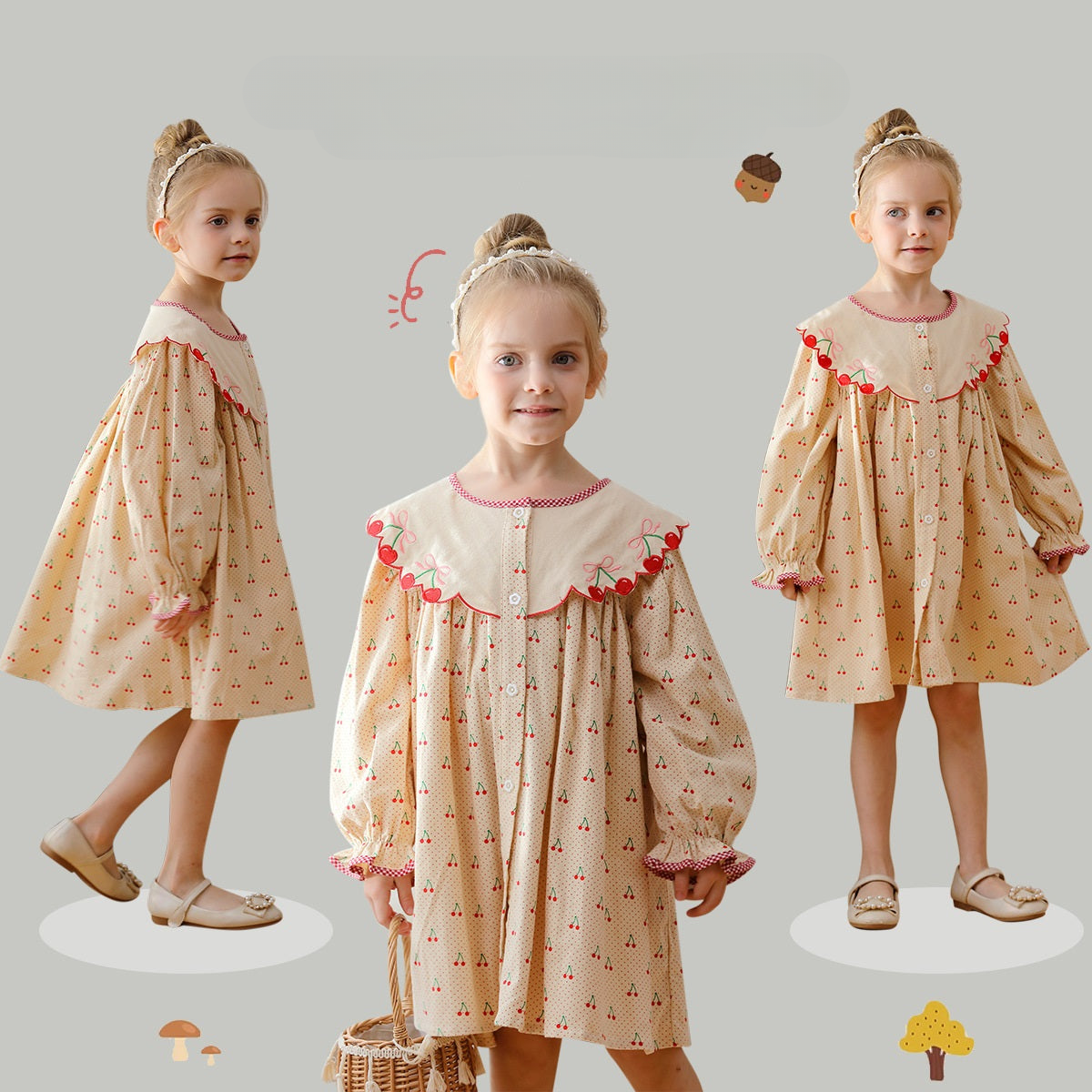 Arrival Autumn Girls Cherry Pattern Single Breasted Long Sleeves Dress with Embroidery Collar-0