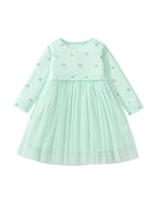 Arrival Autumn Girls Rainbows Print Crew Neck Long Sleeves Tulle Patchwork Princess Dress-0