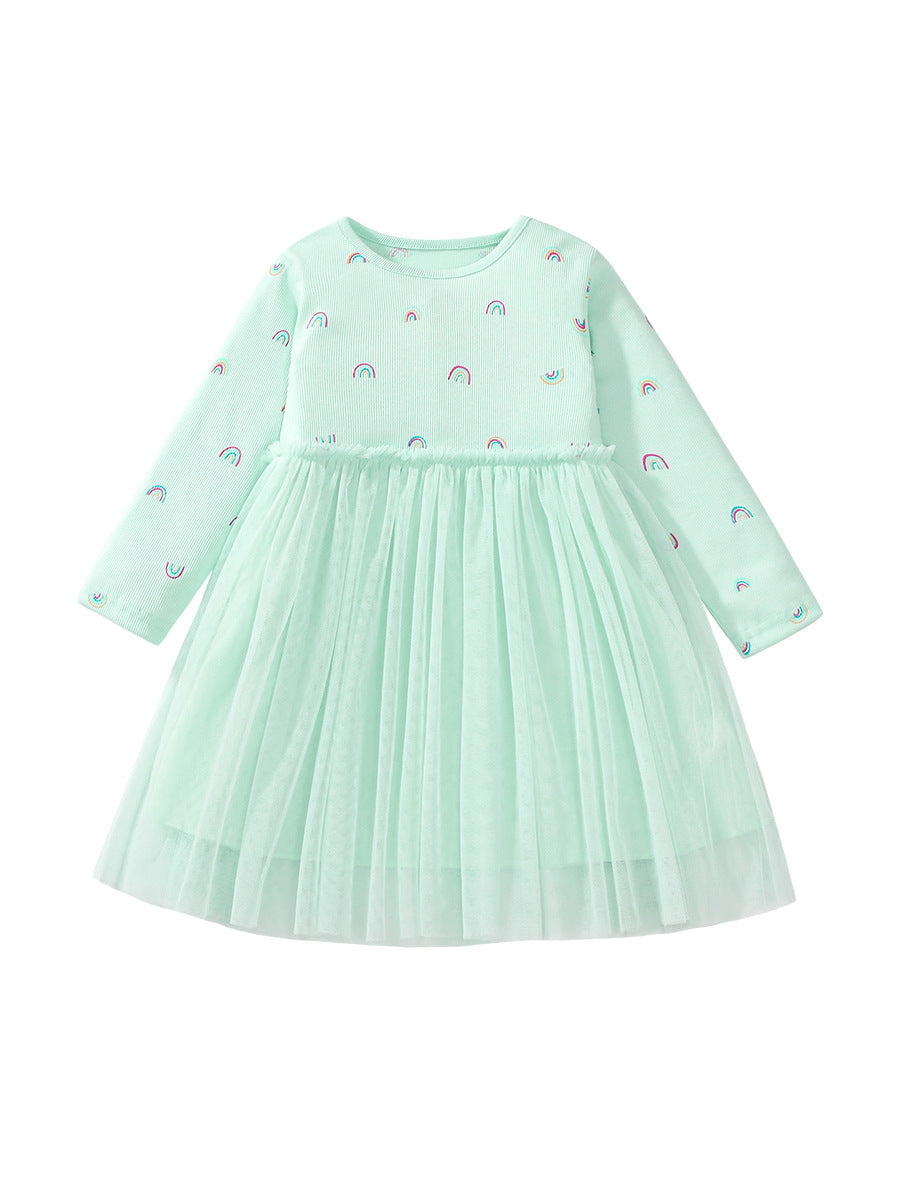 Arrival Autumn Girls Rainbows Print Crew Neck Long Sleeves Tulle Patchwork Princess Dress-0