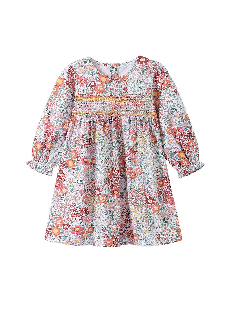 Arrival Autumn Girls Floral Pattern Long Sleeves Crew Neck Dress-4