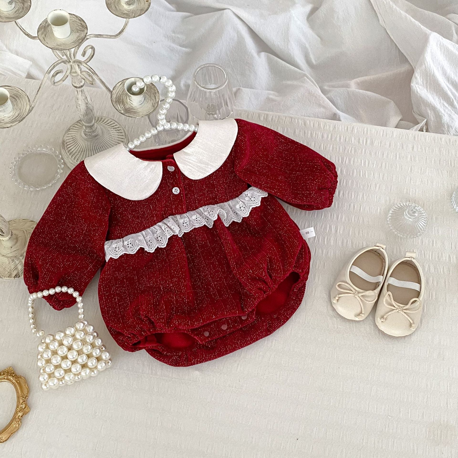 Autumn and Winter Arrival Baby Girls Long Sleeves Peter Pan Collar Christmas Onesies-3