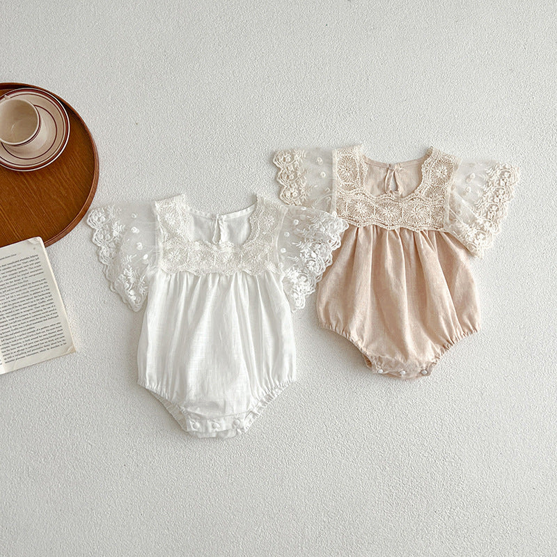 Arrival Summer Baby Kids Girls Embroidery Tulle Patchwork Short Sleeves Onesies-4