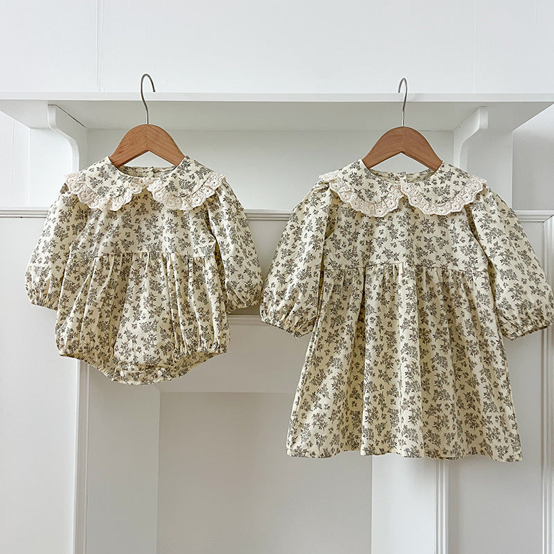 Arrival Spring Baby Kids Girls Long Sleeves Floral Print Onesies and Dress – Princess Sister Matching Set-0