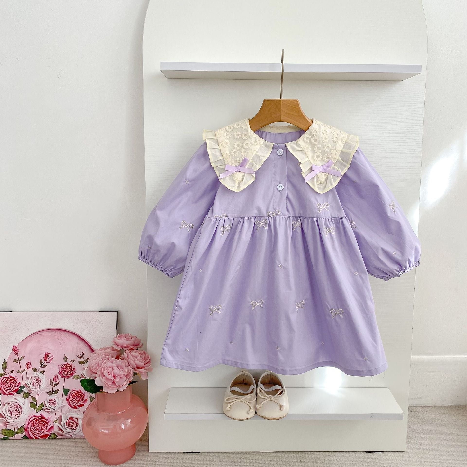 Arrival Spring Baby Kids Girls Long Sleeves Bows Embroidery Pattern Floral Collar Onesies and Dress – Princess Sister Matching Set-2