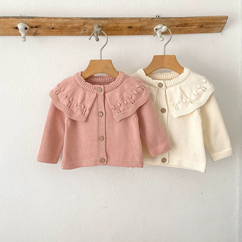 Autumn Arrival Baby Girls Comfortable Solid Color Knitted Long Sleeves Cardigan with Hollow-out Collar-3
