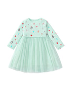 Arrival Autumn Girls Cartoon Christmas Print Crew Neck Long Sleeves Tulle Patchwork Princess Dress-0