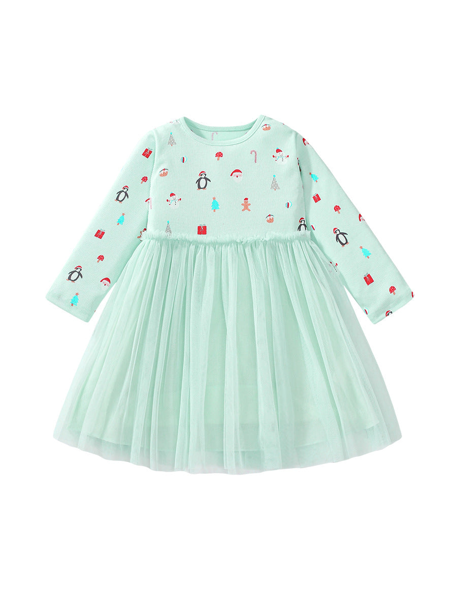 Arrival Autumn Girls Cartoon Christmas Print Crew Neck Long Sleeves Tulle Patchwork Princess Dress-0