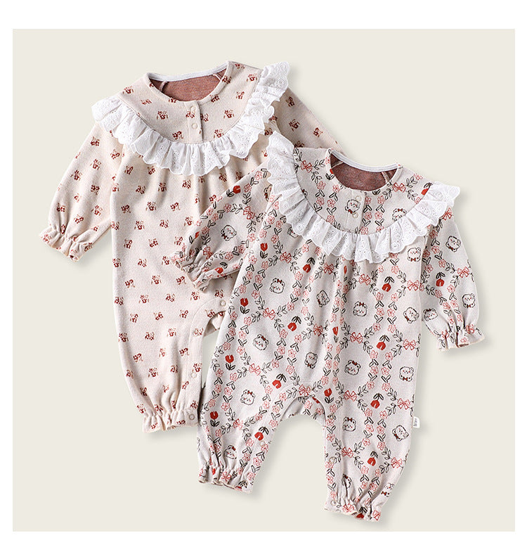 Autumn and Spring Arrival Baby Girls Simple Floral Pattern Long Sleeves Rompers-3