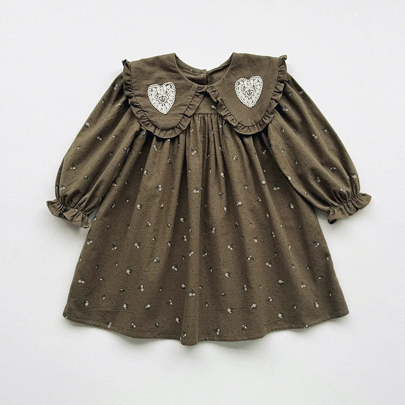 Arrival Autumn Girls Hearts Embroidery and Floral Printed Pattern Long Sleeves Dress-2