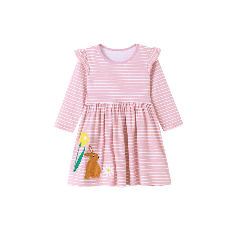 Autumn and Spring Arrival Striped and Cartoon Pattern Long Sleeves Dress for Stylish Girls-4