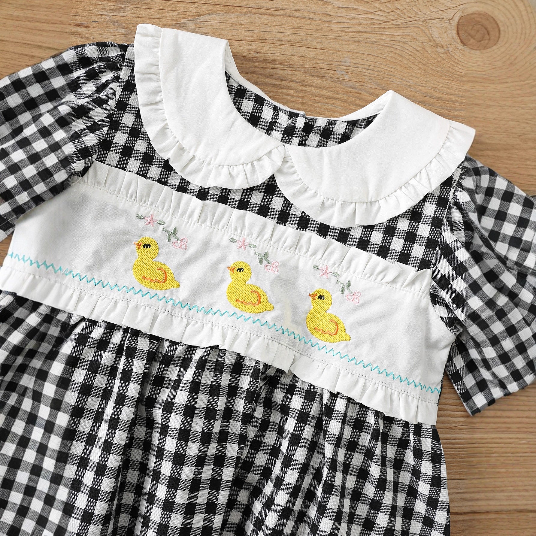 Arrival Autumn Girls Duck and Plaid Pattern Long Sleeves Dress with Collar-3