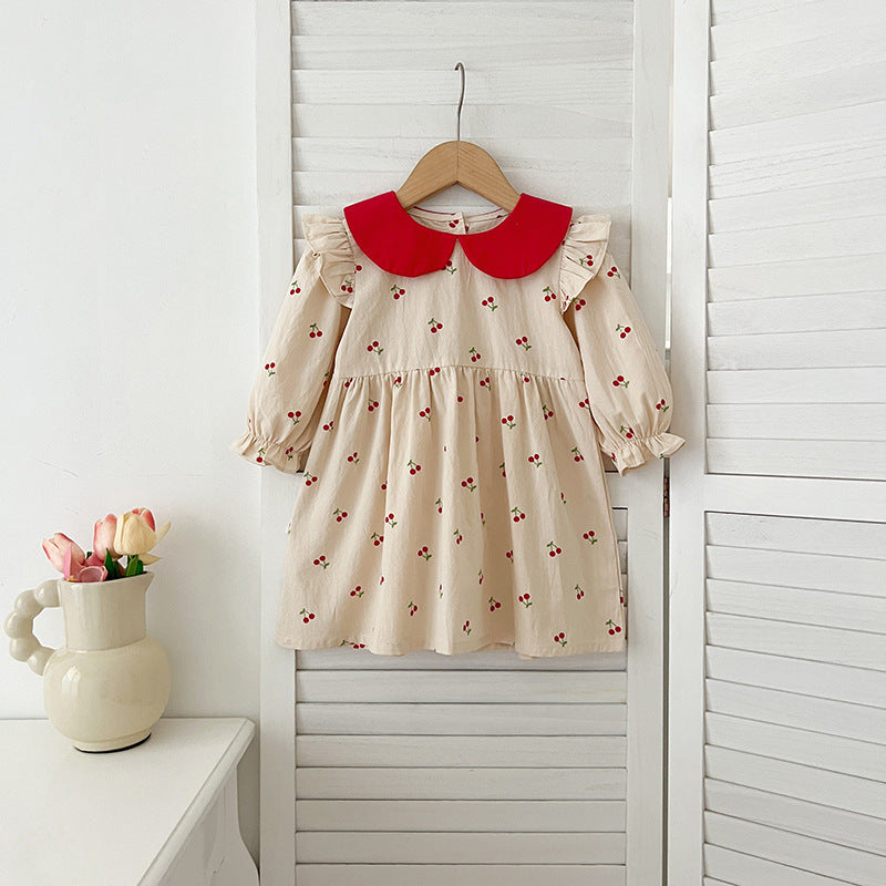 Arrival Autumn Baby Kids Girls Long Sleeves Cherry Pattern Peter Pan Collar Onesies and Dress – Princess Sister Matching Set-4