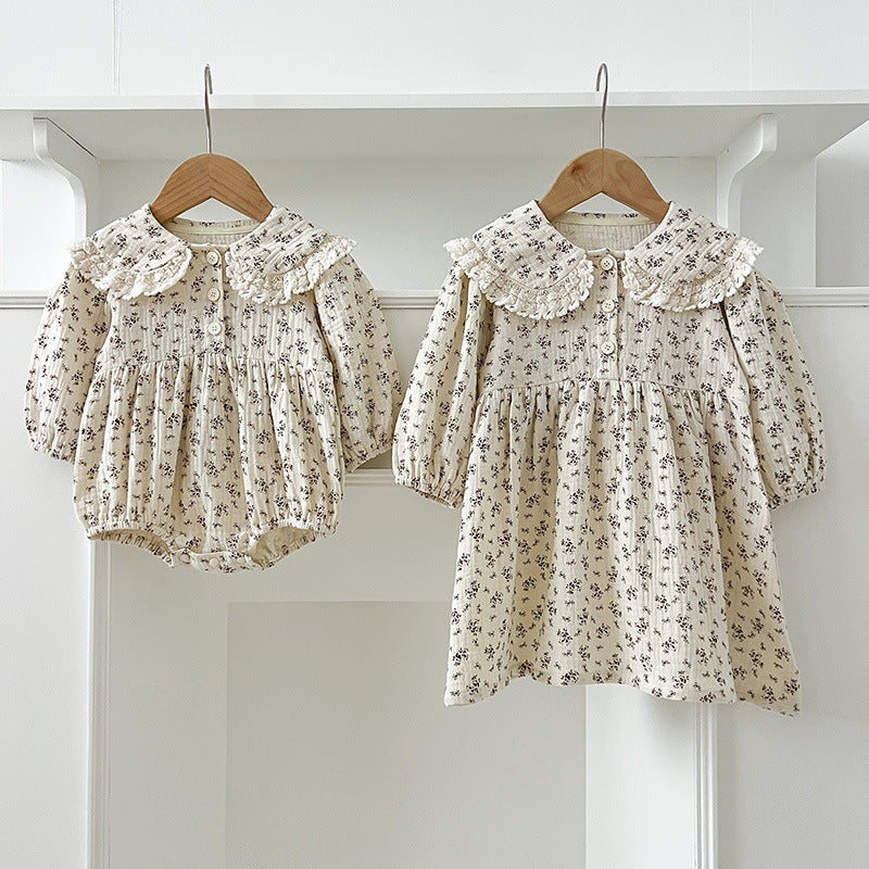 Arrival Spring Baby Kids Girls Long Sleeves Floral Print Onesies and Dress – Princess Sister Matching Set-3