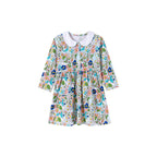 Autumn and Spring Arrival Colorful Flowers Cartoon Pattern Long Sleeves Dress for Stylish Girls-4