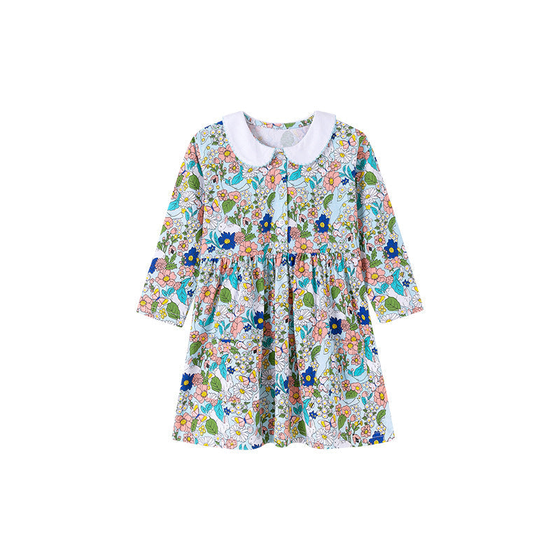 Autumn and Spring Arrival Colorful Flowers Cartoon Pattern Long Sleeves Dress for Stylish Girls-4