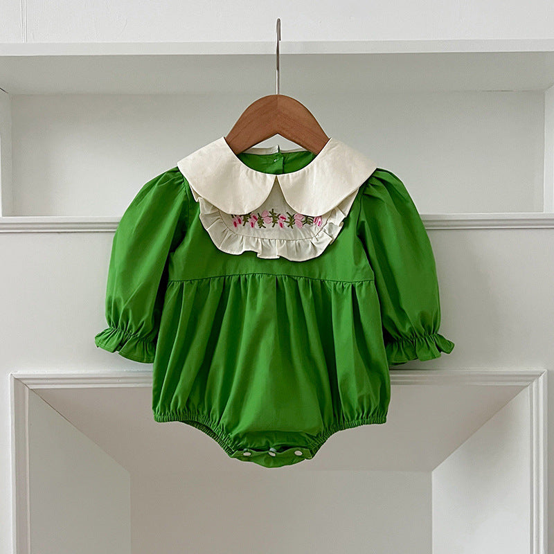 Arrival Autumn Baby Kids Girls Long Sleeves Peter Pan Collar Embroidery Flowers Pattern Onesies and Dress – Princess Sister Matching Set-3