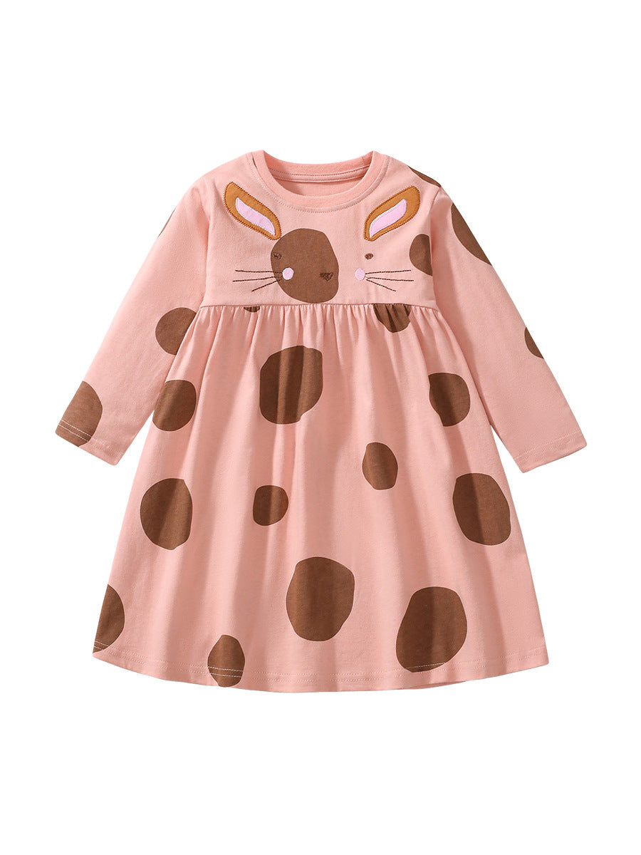 Arrival Autumn Girls Cartoon Rabbit And Polka Dots Pattern Crew Neck Long Sleeves Princess Dress-0