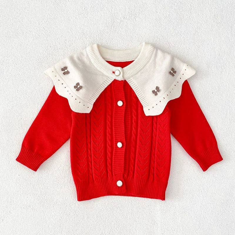 Autumn Arrival Baby Girls Comfortable Butterfly-bows Decorated Knitted Jacquard Long Sleeves Cardigan-2