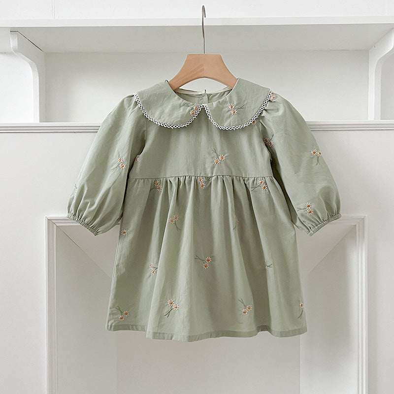 Arrival Autumn Baby Kids Girls Long Sleeves Daisy Floral Embroidery Pattern French Collar Onesies and Dress – Princess Sister Matching Set-4