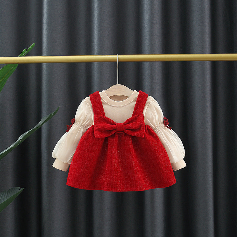 Autumn and Winter Arrival Baby Girls Long Sleeves Crew Neck Top and Overalls Dress-0