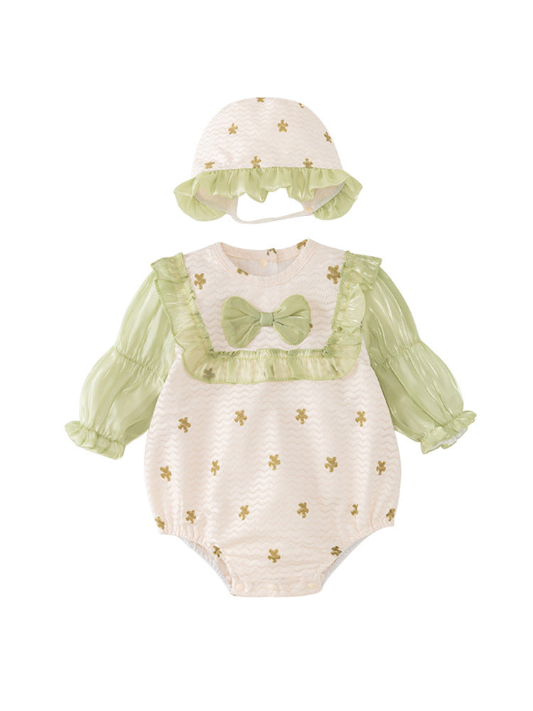 Autumn Arrival Baby Girls Flowers Pattern Long Sleeves Lace Patchwork Onesies with Hat-2