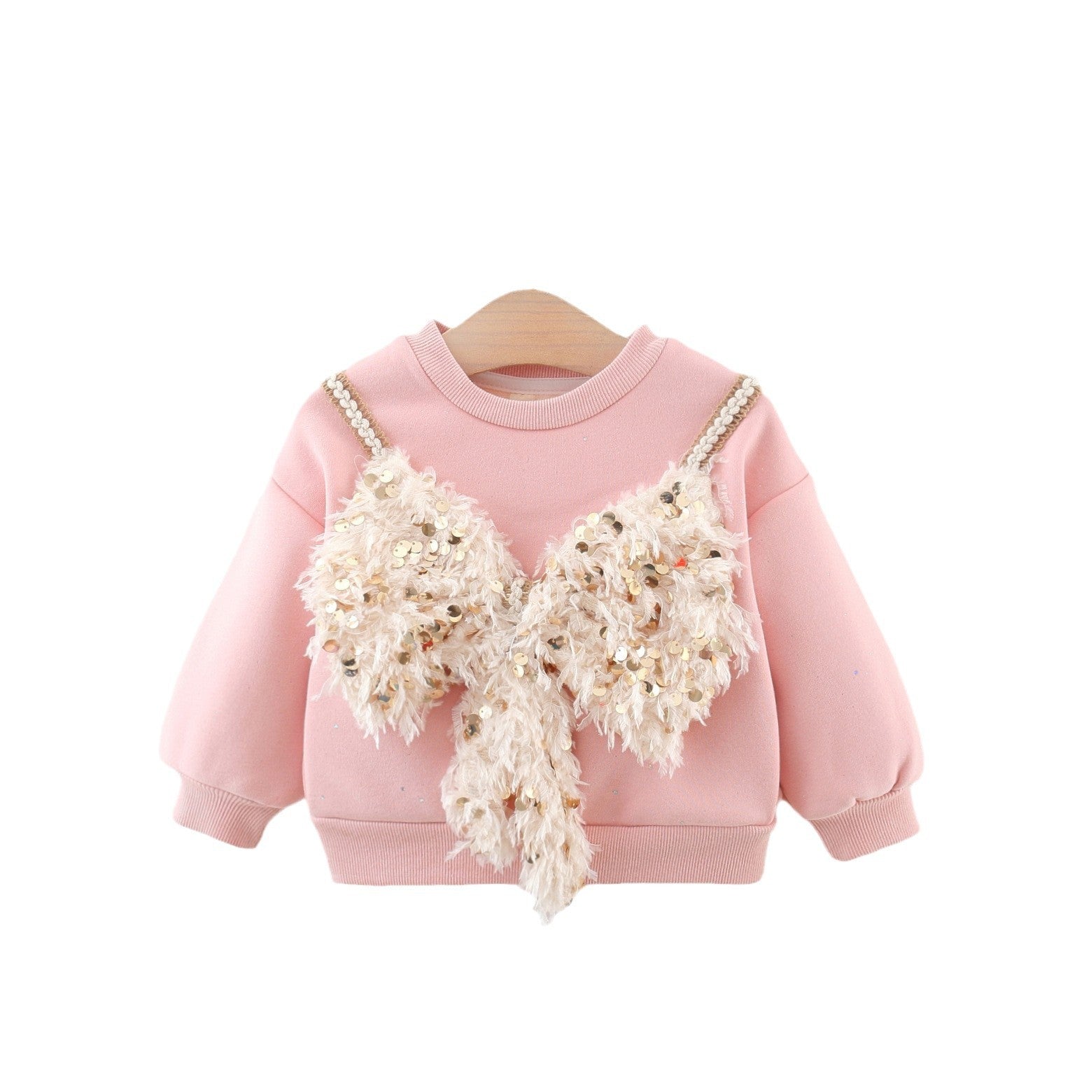 Autumn and Winter Arrival Girls Fleece Comfortable Long Sleeves Sequin Wing Decorated Top Cute Sweater-0