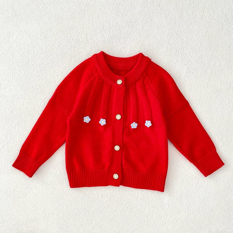 Autumn Arrival Baby Girls Comfortable Flowers Pattern Knitted Long Sleeves Cardigan-3