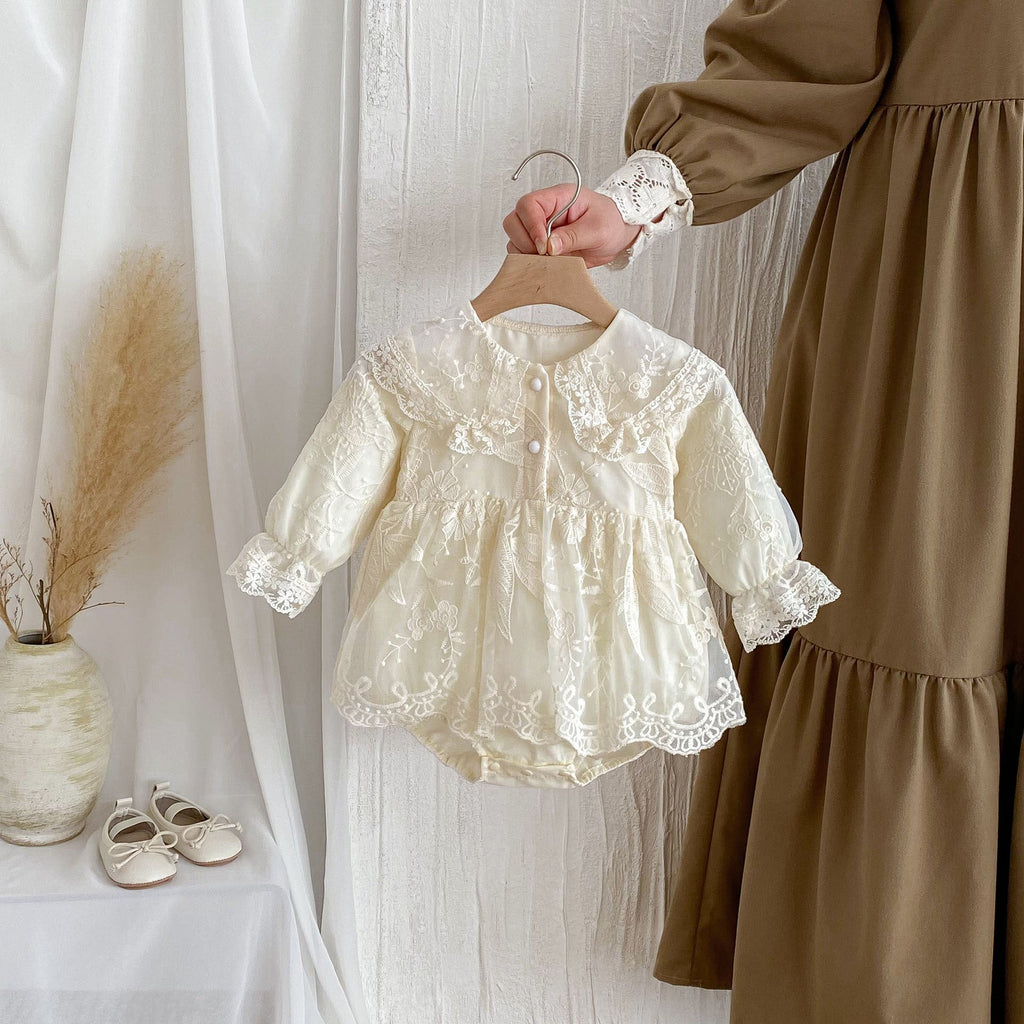 Autumn Arrival Baby Girls Long Sleeves Beige Embroidery Onesies Dress-3