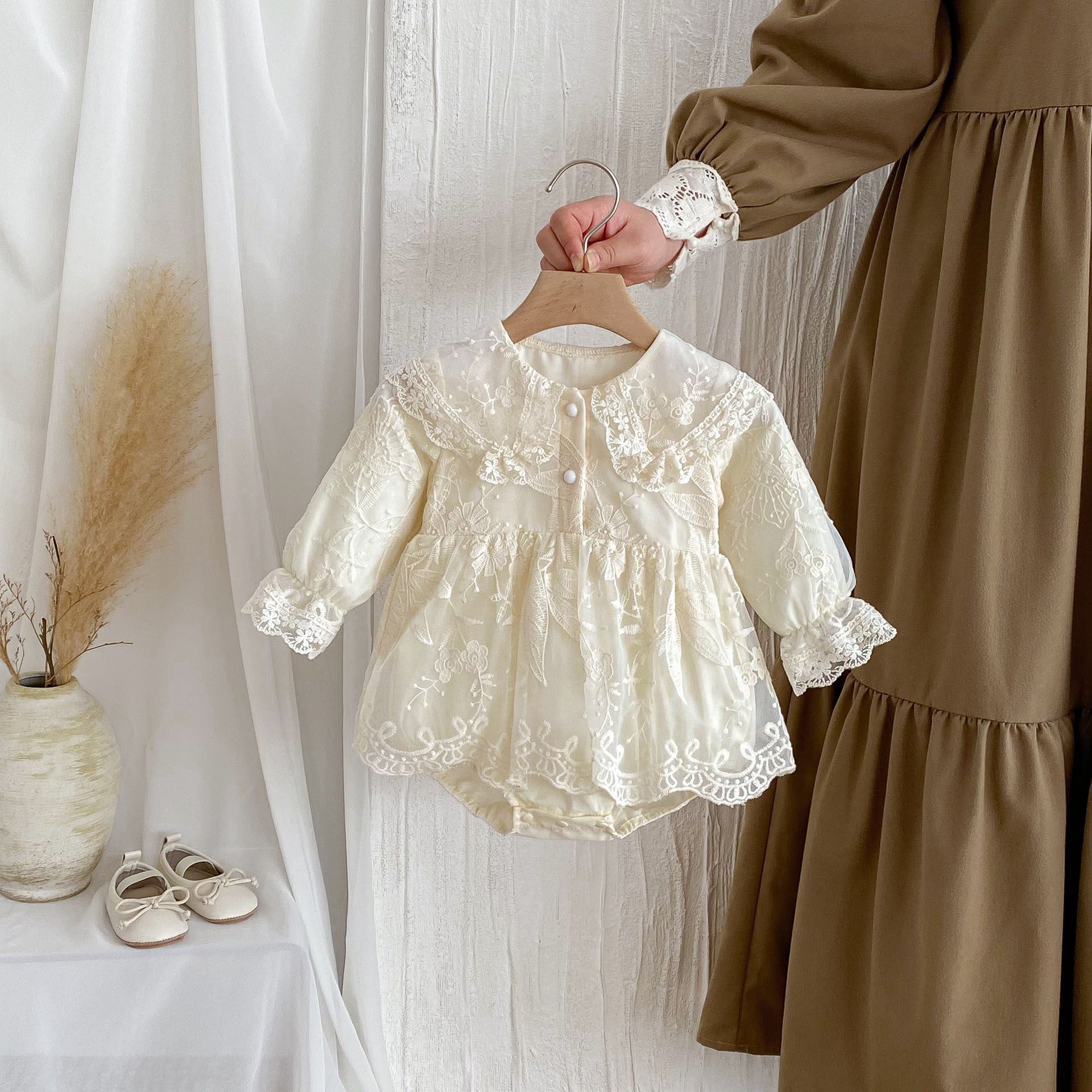 Autumn Arrival Baby Girls Long Sleeves Beige Embroidery Onesies Dress-3