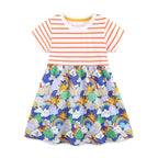 Summer Arrival Striped and Cartoon Clouds Pattern Short Sleeves Color Patchwork Dress for Stylish Girls-3