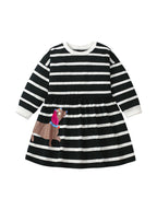 Arrival Autumn Girls Cartoon Dachshund Dog Pattern Crew Neck Long Sleeves Striped Dress-0