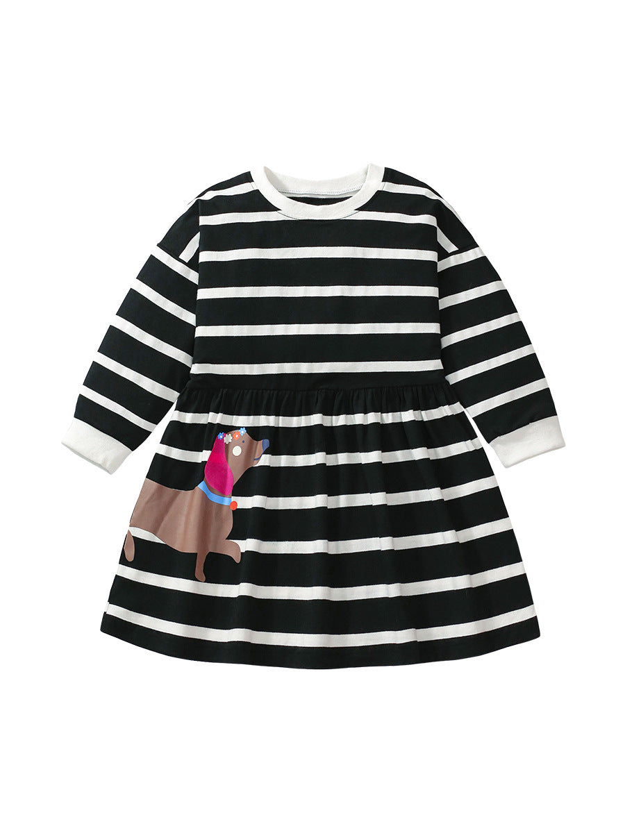 Arrival Autumn Girls Cartoon Dachshund Dog Pattern Crew Neck Long Sleeves Striped Dress-0