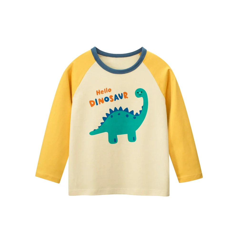 Autumn Baby Kids Unisex Letters and Dinosaur Print Color Patchwork Long Sleeves Crew Neck Base Top Shirt-1