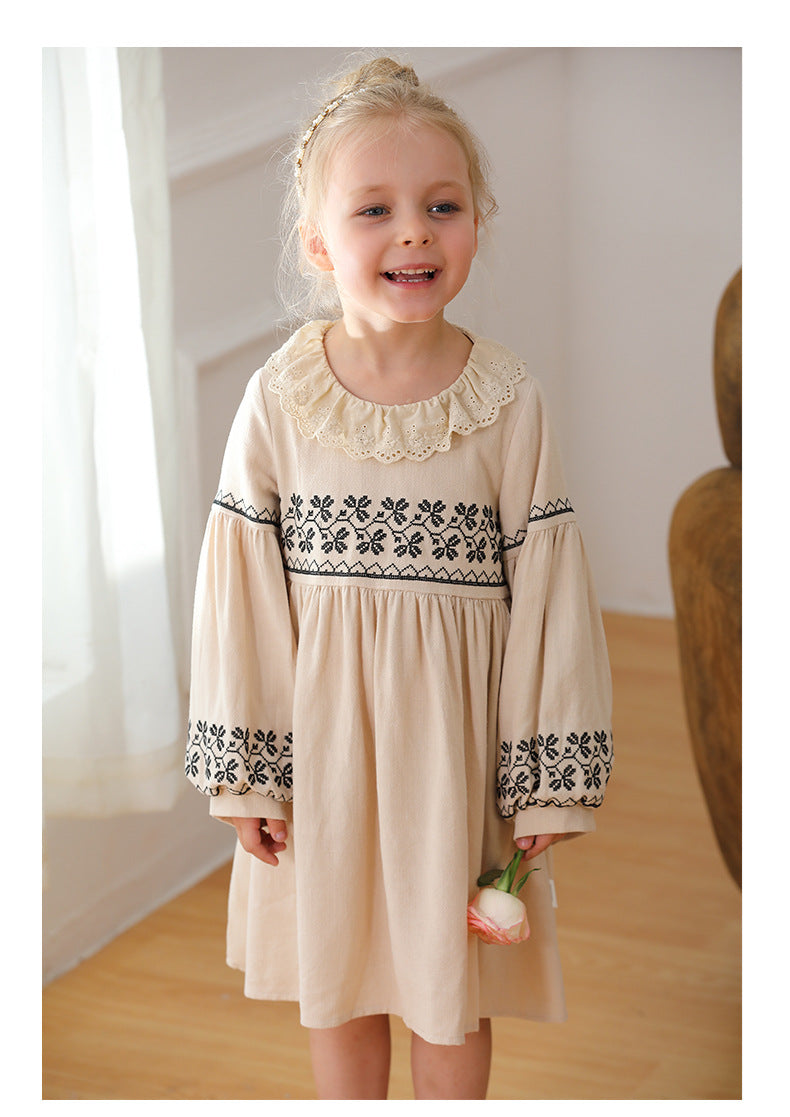 Design Autumn Girls Floral and Geometric Pattern Ruffle Collar Long Sleeves Dress-4