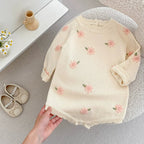 Autumn Arrival Baby Girls Knitted Long Sleeves Flowers Embroidered Pattern Onesies-2