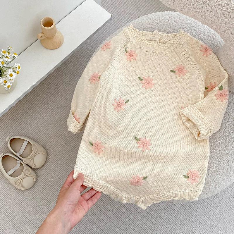 Autumn Arrival Baby Girls Knitted Long Sleeves Flowers Embroidered Pattern Onesies-2