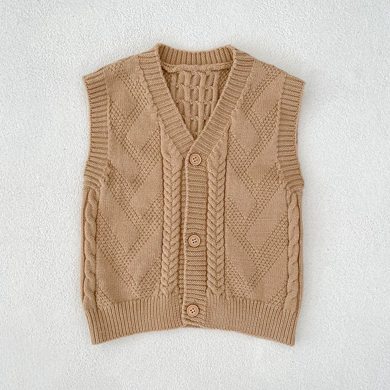 Autumn Arrival Baby Unisex Comfortable Jacquard Pattern Knitted Sleeveless V Neck Vest-3