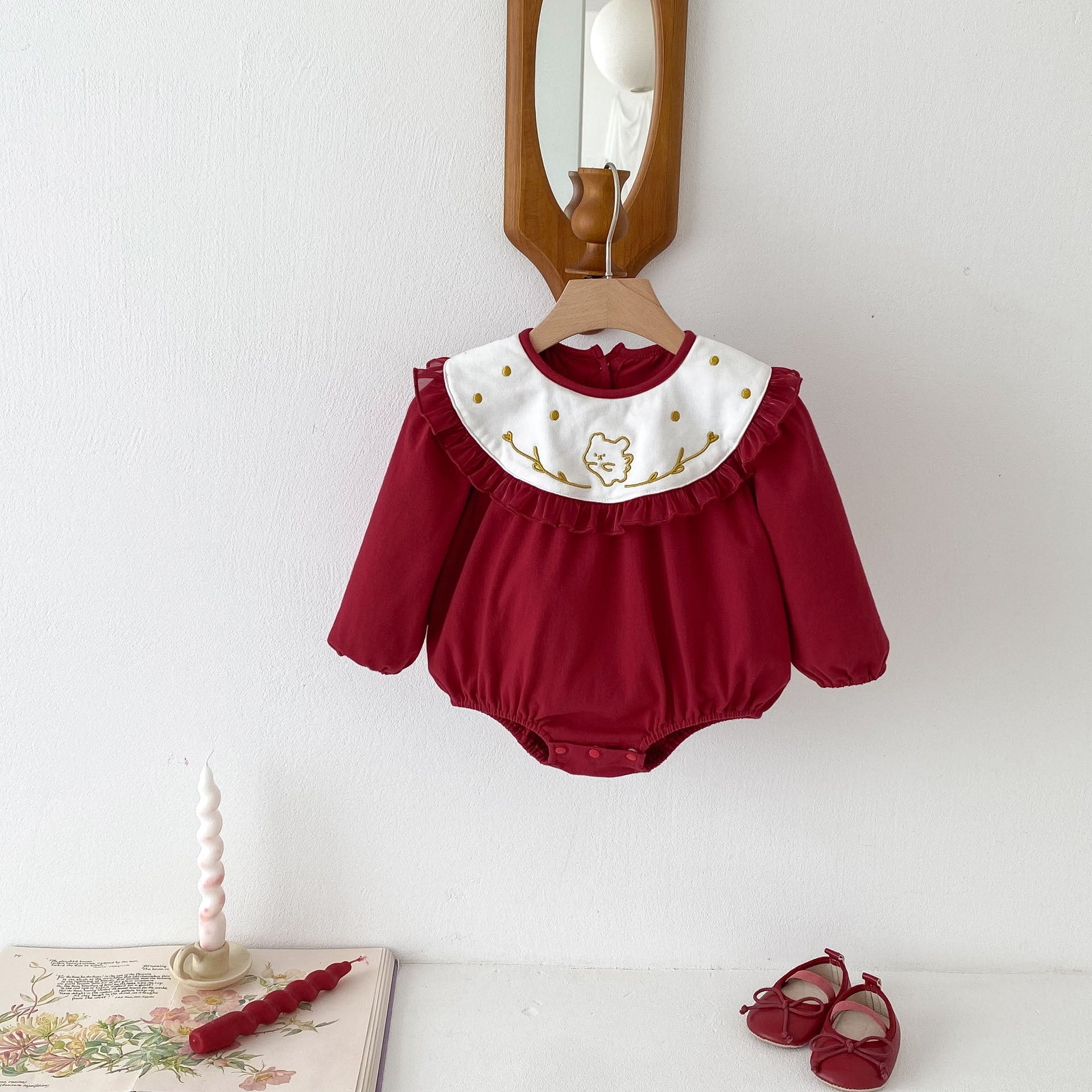 Autumn Arrival Baby Girls Long Sleeves Rabbit Embroidery Collar Red Onesies-3