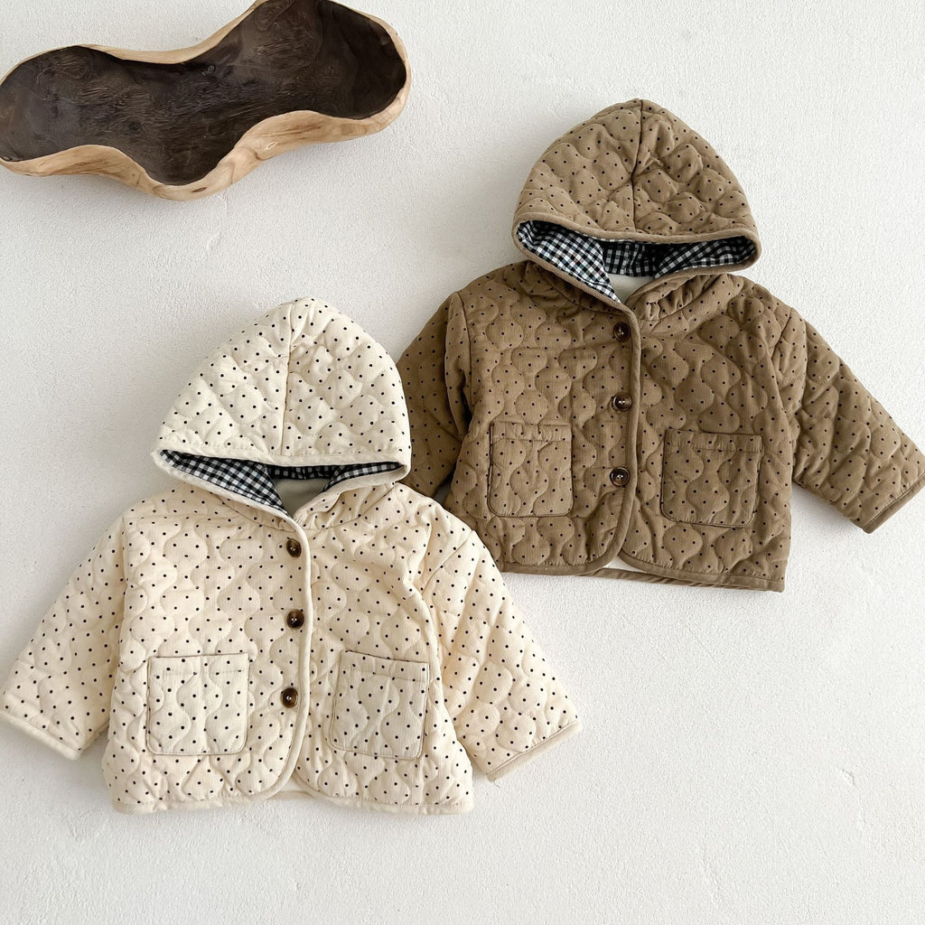 Arrival Baby Kids Unisex Dots Pattern Single Breasted Hooded Thick Corduroy Coat-0