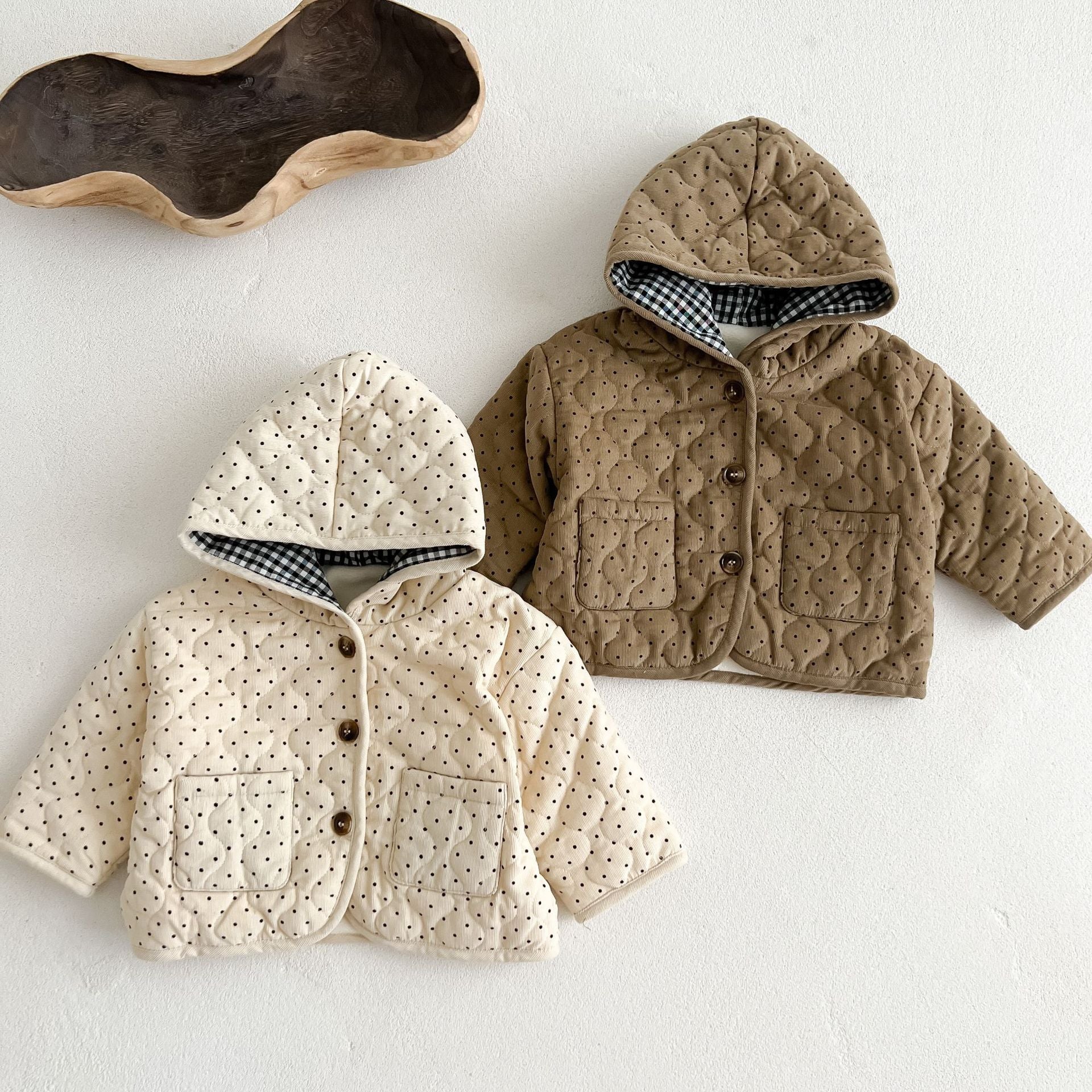 Arrival Baby Kids Unisex Dots Pattern Single Breasted Hooded Thick Corduroy Coat-0
