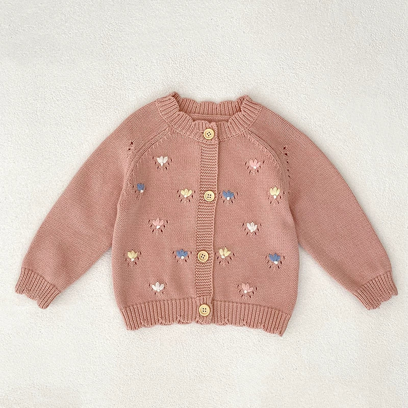 Autumn Arrival Baby Girls Comfortable Flowers Embroidery Pattern Knitted Long Sleeves Cardigan-3