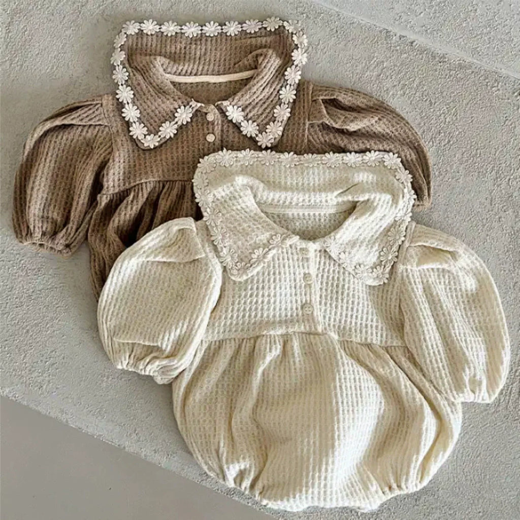 Arrival Baby Girls Long Sleeves Waffle Grid Onesie with Floral Collar-4
