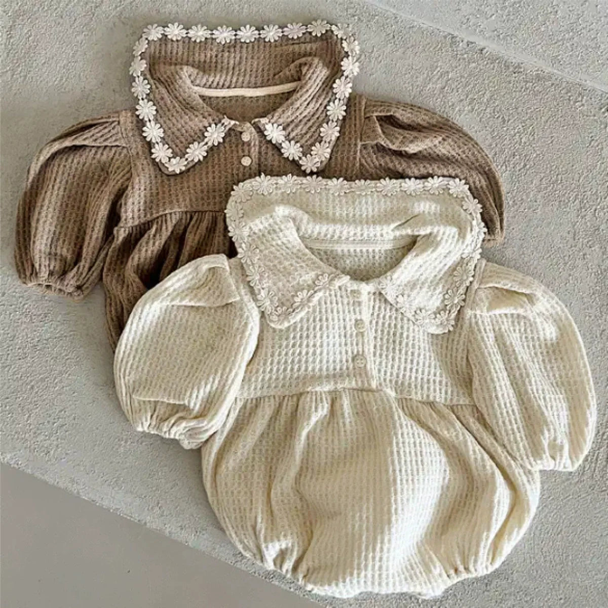 Arrival Baby Girls Long Sleeves Waffle Grid Onesie with Floral Collar-4